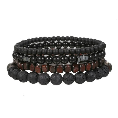 4-Piece Black Stone & Wood Bead Elastic Bracelet Set – Men's & Couples Jewellery