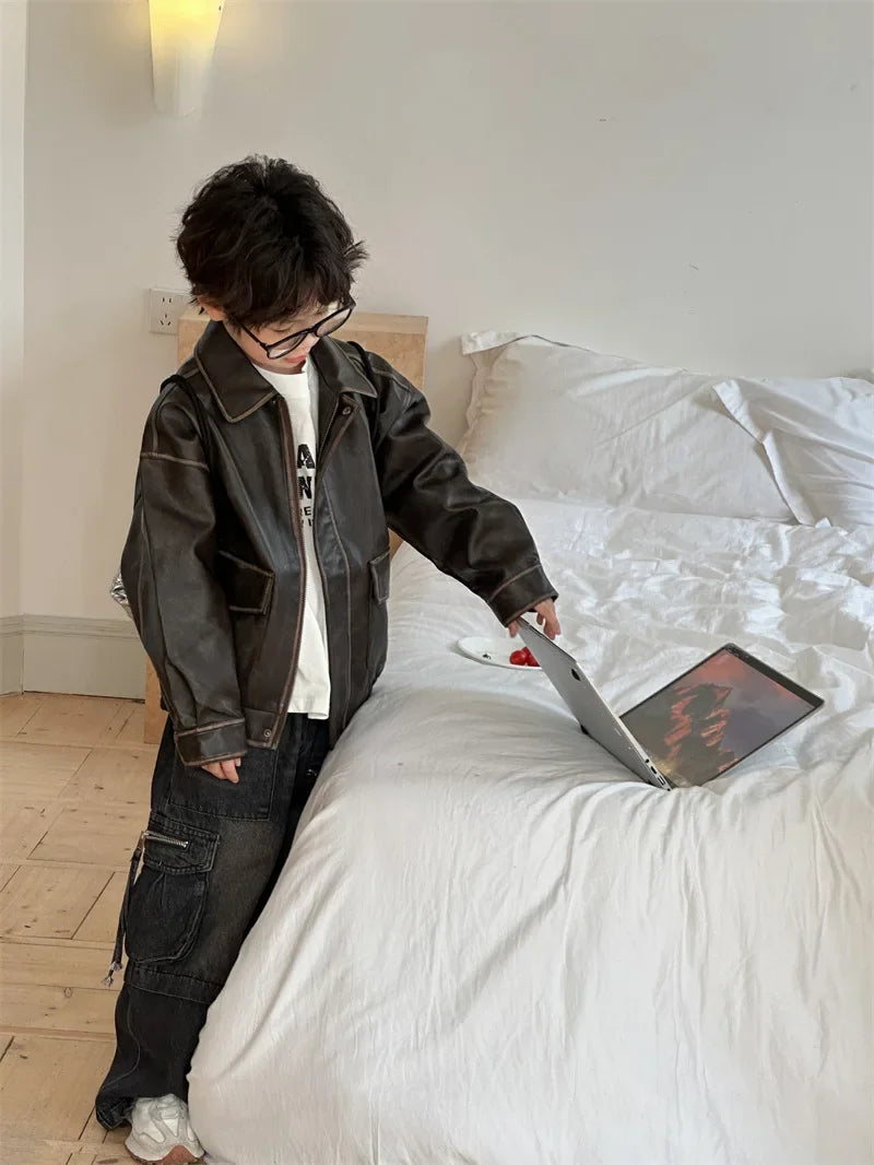 Children Clothing Fashion Casual All Match Leather Coat 2024 Fall New Boys Girls Retro Cool Jacket Solid Color Simple Coat Shello's Creative Boutique