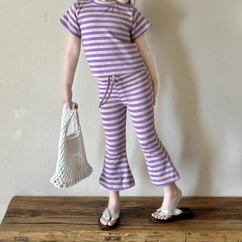 Girls’ Summer Line-Drawing 2-Piece Set – Striped Art-Inspired Tee & Wide-Leg Culottes Shello's Creative Boutique