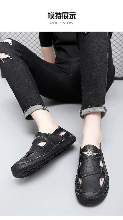 Men's Genuine Leather Beach Sandals - Breathable Hollow-Out Non-Slip Casual Slides