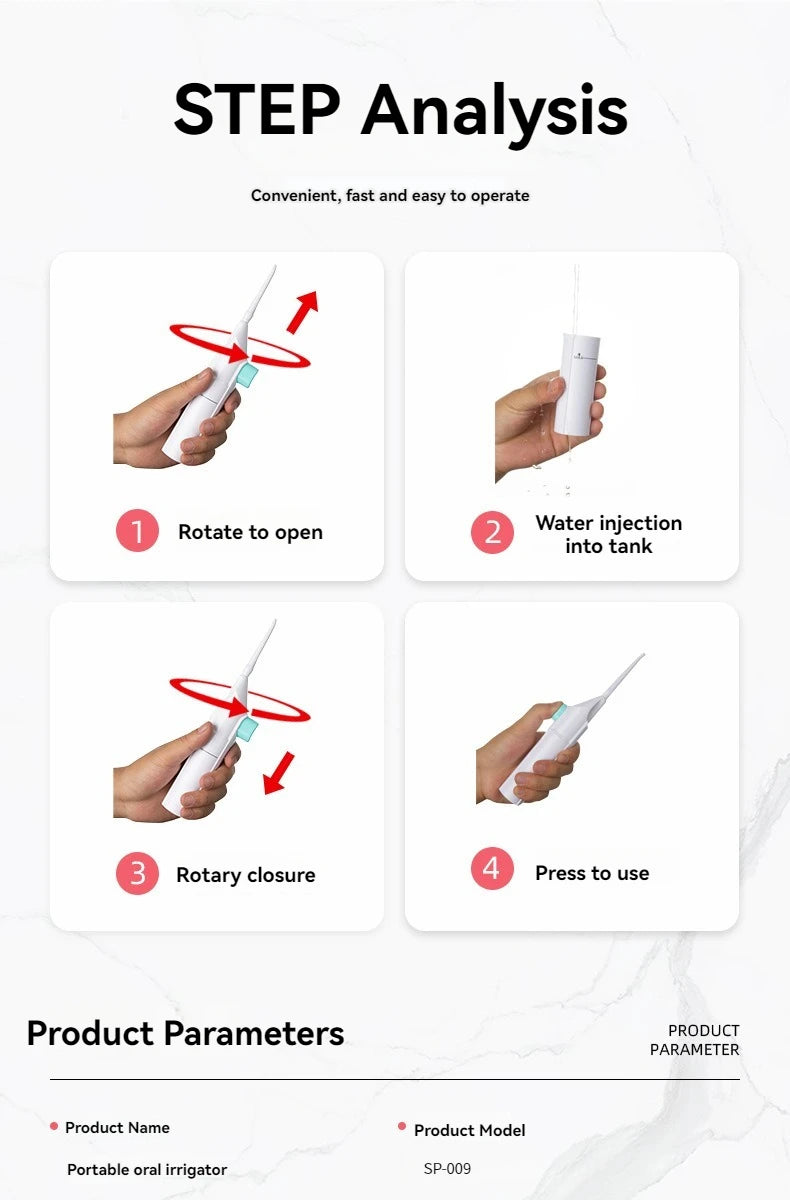 Portable Water Flosser - Manual High Pressure Oral Irrigator for Teeth Cleaning