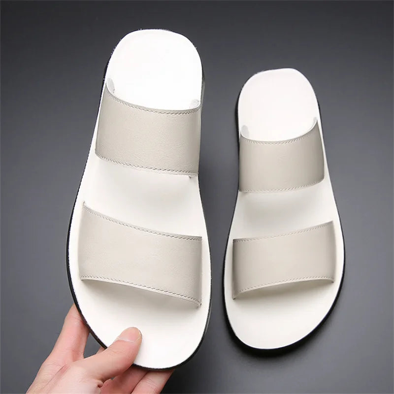 Men's Luxury Leather - Non-Slip Beach Sandals & Flat Casual Slides (Large Size 48) - Shello's Creative Boutique