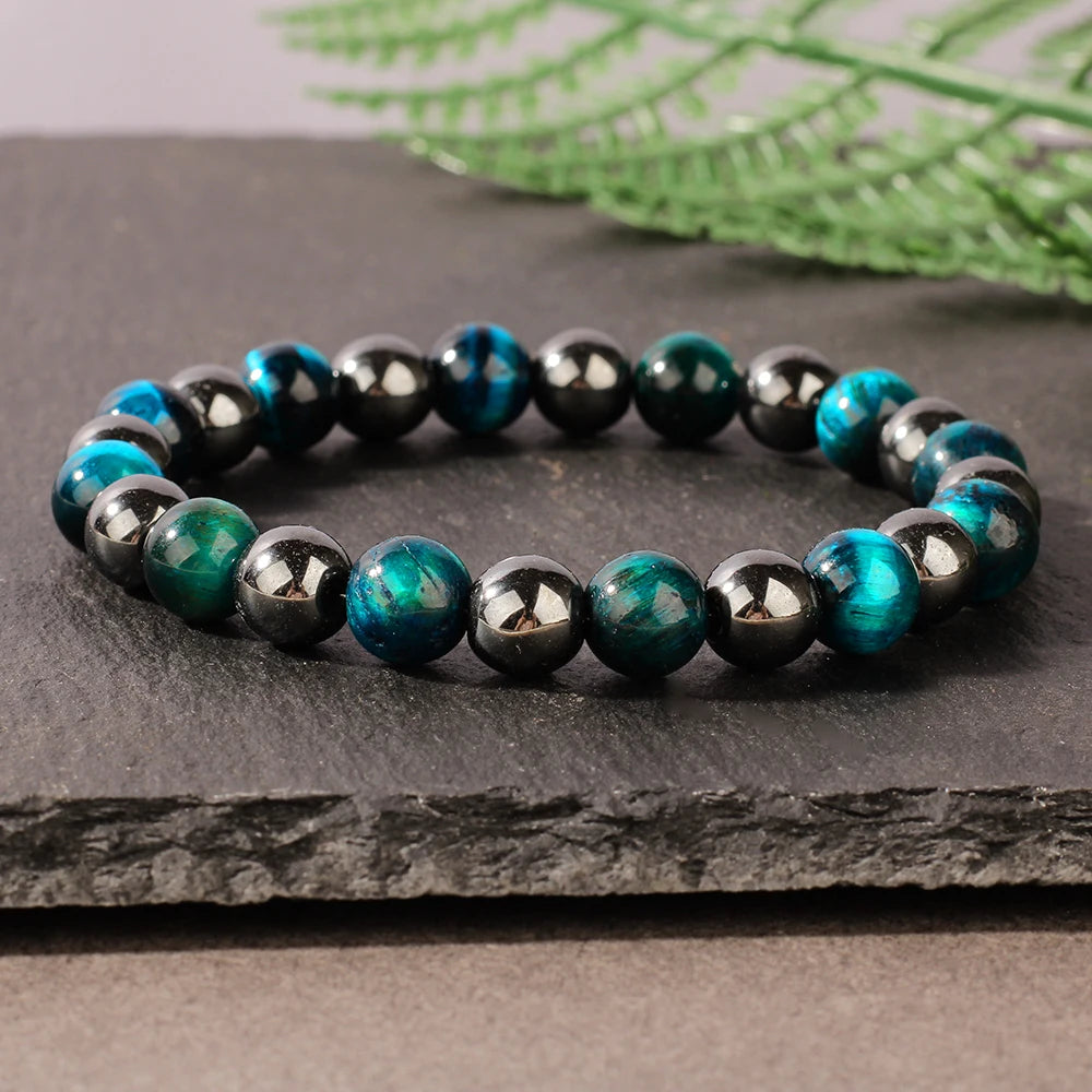 Natural Blue Tiger Eye Stone Bracelet – Unisex Handmade Stretch Beaded Bangle