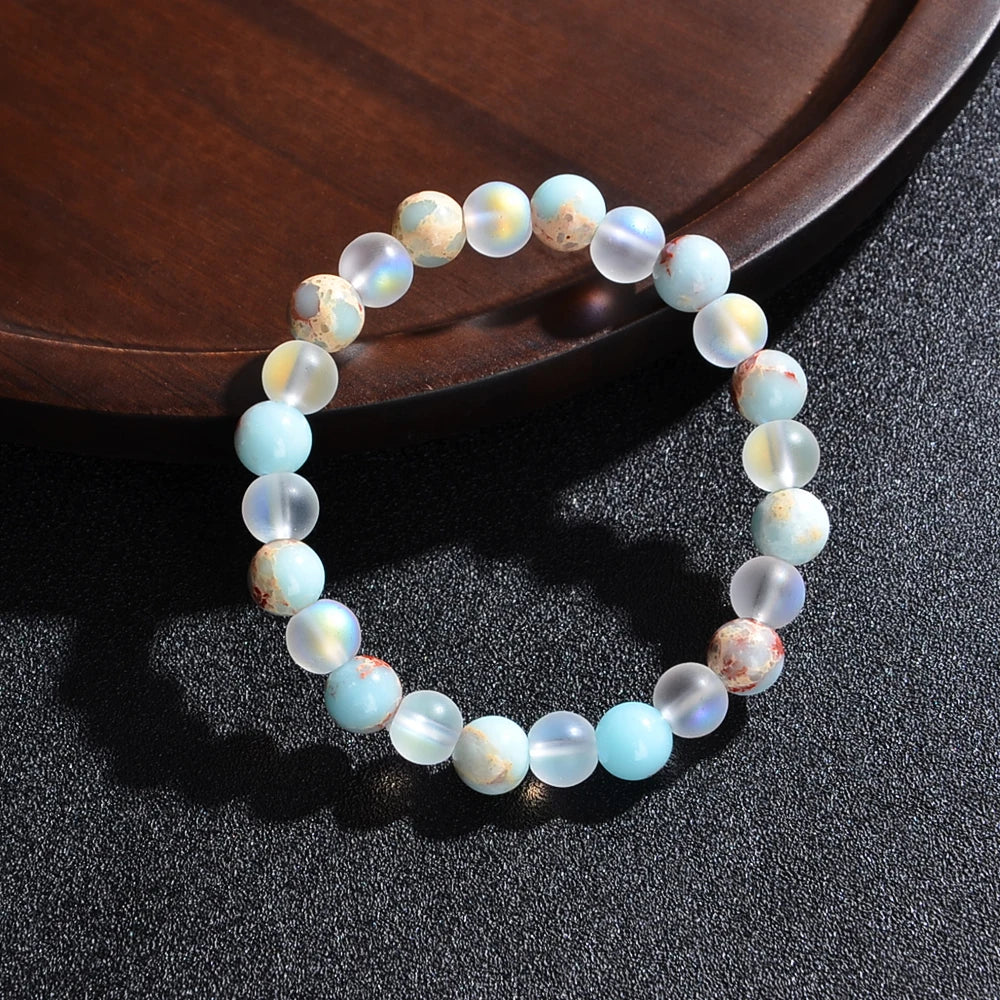 Aura Quartz & Ocean Sediment Beaded Bracelet – Unisex Natural Crystal Stretch Bangle