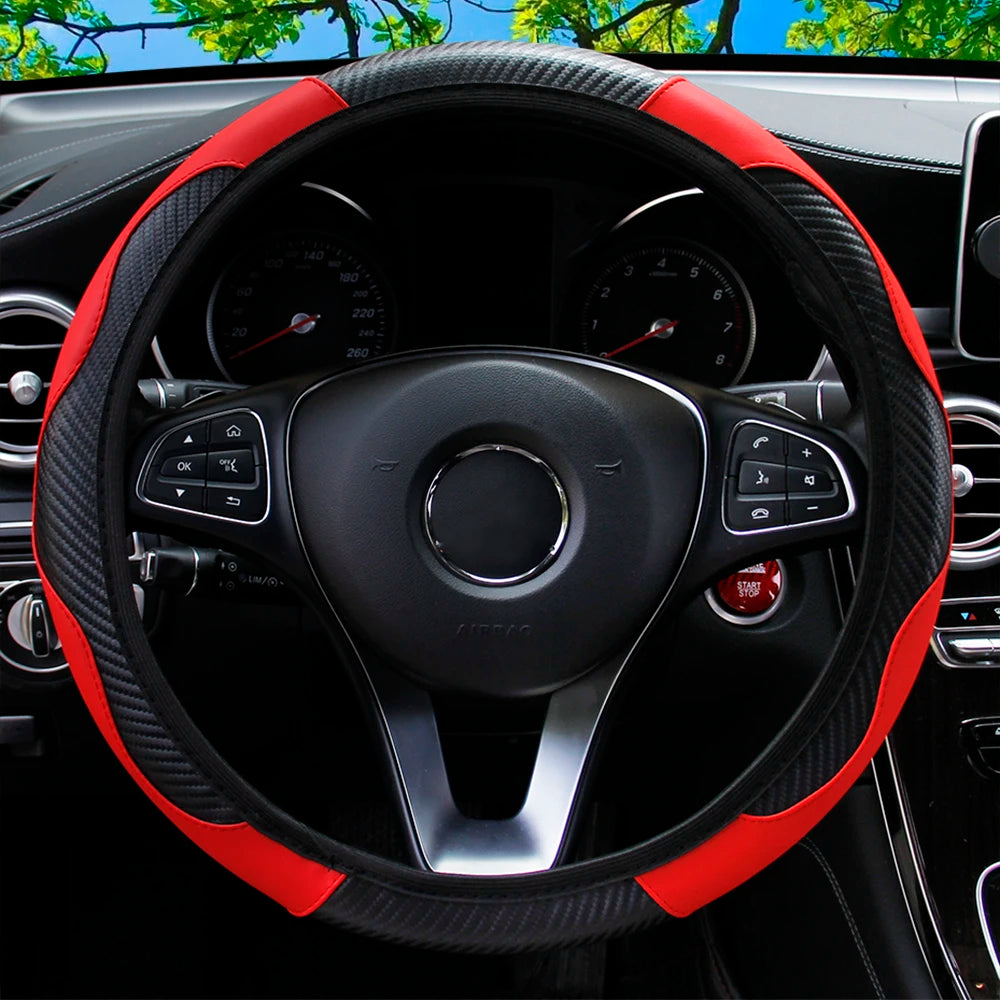 PU Carbon Fiber Leather Car Steering Wheel Cover - 14.5-15 Inches