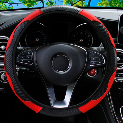 PU Carbon Fiber Leather Car Steering Wheel Cover - 14.5-15 Inches