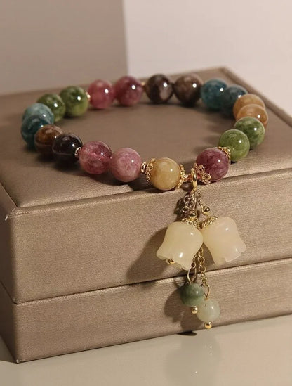 Colourful Tourmaline Crystal Beaded Bracelet with Orchid Pendant – Unisex Gift