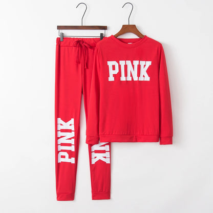 Women’s letter-print two-piece casual set in red: sweatshirt with lettered joggers