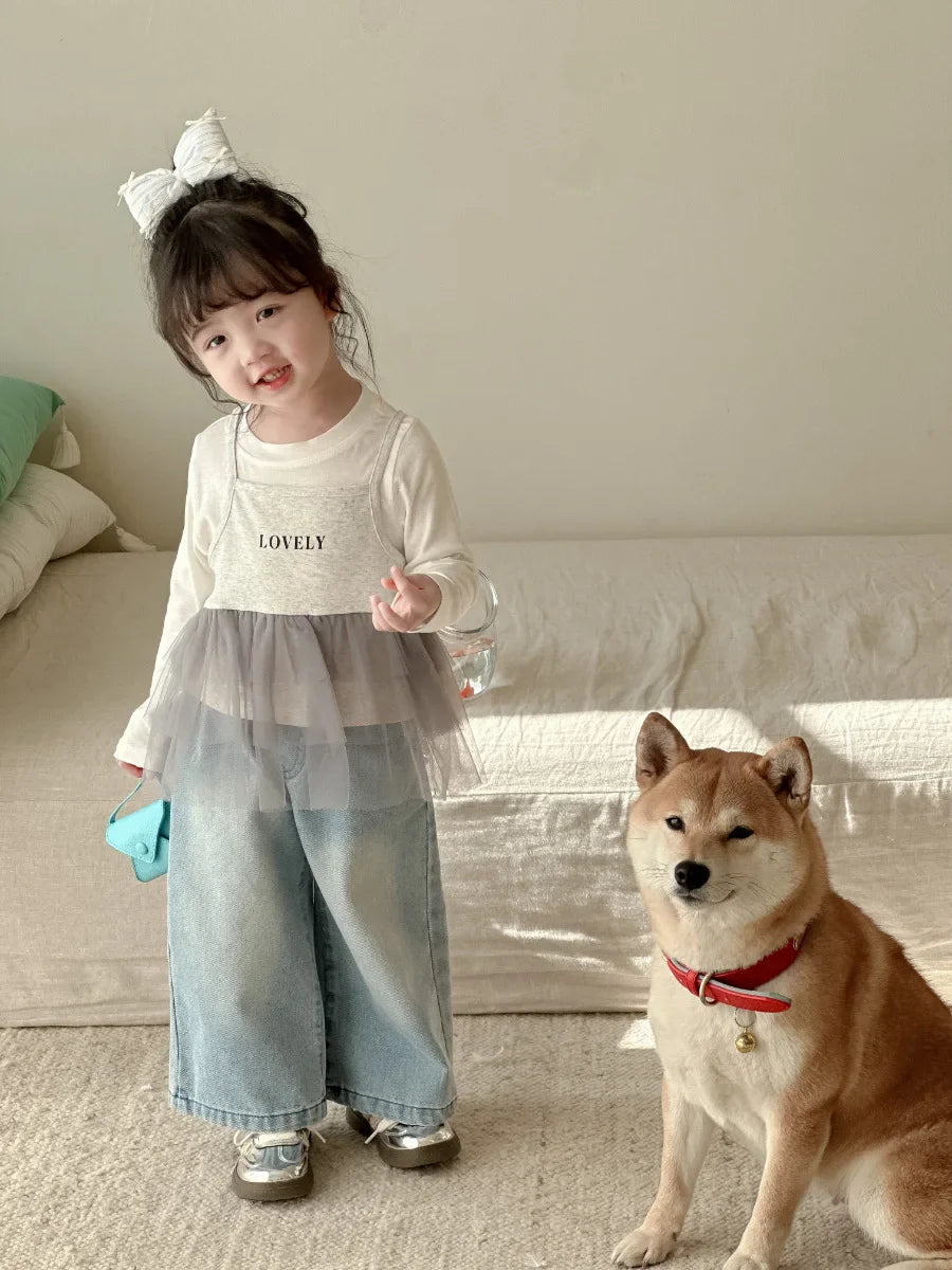 Girls Lace Straight Leg Jeans 2025 Spring Children Clothing Pants Children Korean Wide Leg Denim Pants Shello's Creative Boutique