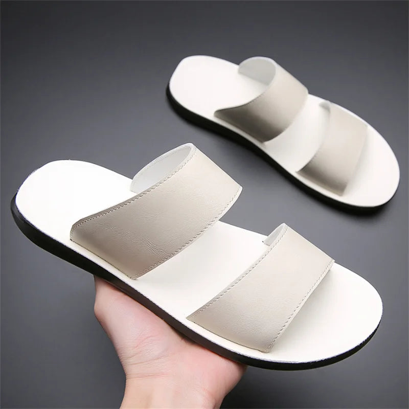 Men's Luxury Leather - Non-Slip Beach Sandals & Flat Casual Slides (Large Size 48) - Shello's Creative Boutique