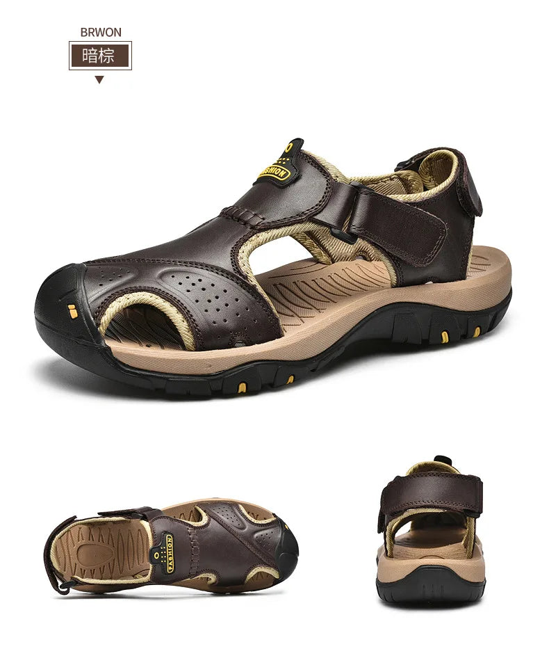 Men's Genuine Leather Sandals - Breathable Beach & Sports Sandals