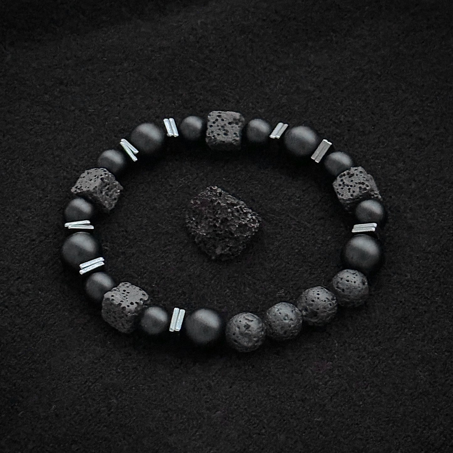 Natural Matte Black Onyx & Cube Lava Bead Bracelet – Men's Vintage Stone Jewellery