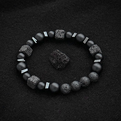 Natural Matte Black Onyx & Cube Lava Bead Bracelet – Men's Vintage Stone Jewellery