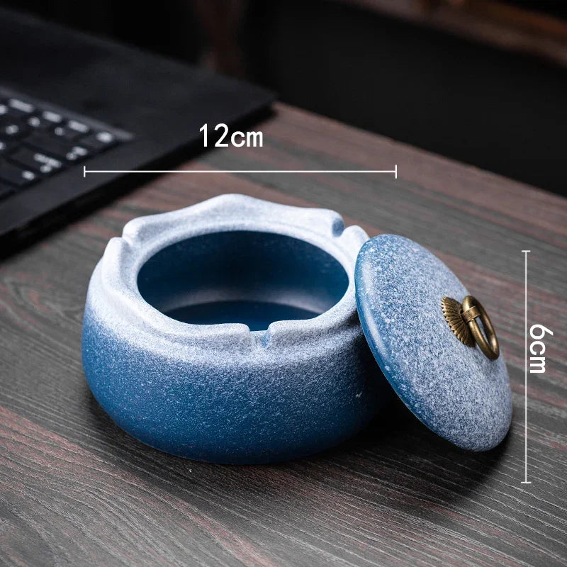 Creative Ceramic Ashtray with Lid – Anti-Fly Ash Desktop Ornament, 18 Styles