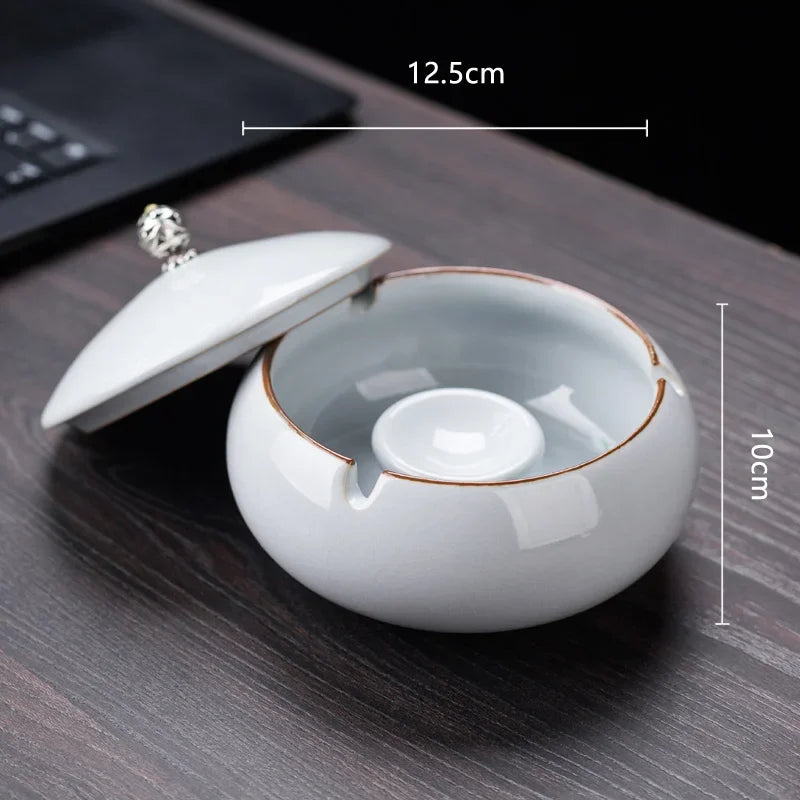 Creative Ceramic Ashtray with Lid – Anti-Fly Ash Desktop Ornament, 18 Styles