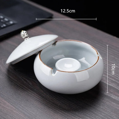 Creative Ceramic Ashtray with Lid – Anti-Fly Ash Desktop Ornament, 18 Styles