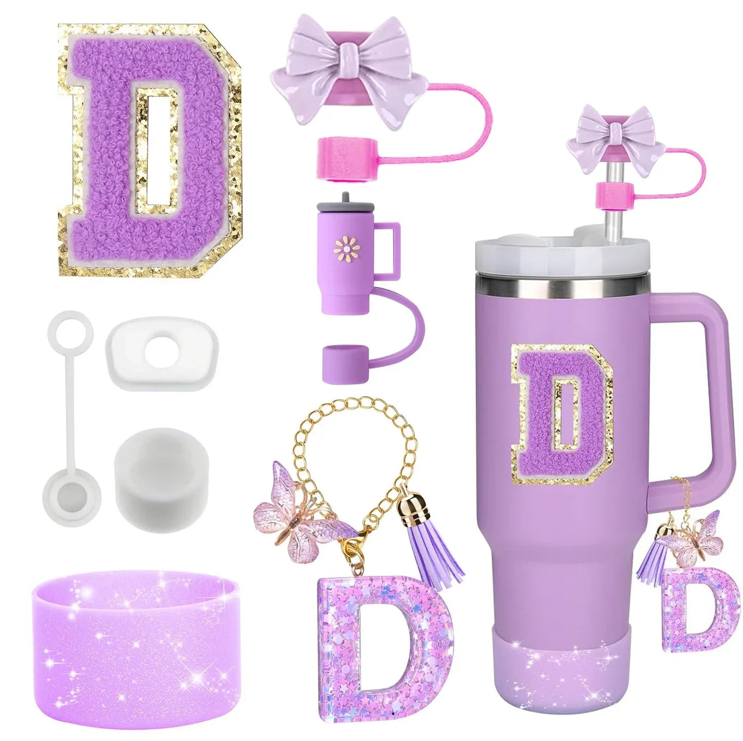 8PCS Accessories Set for Stanley Cup Purple 30oz 40oz tumbler Silicone Straw Topper Cover Cap Boot Handle Charm Initials Sticker - Shello's Creative Boutique