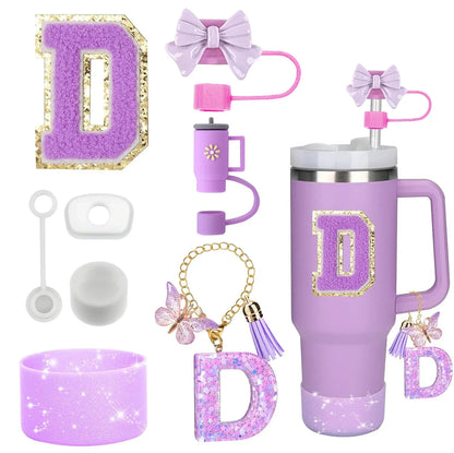8PCS Accessories Set for Stanley Cup Purple 30oz 40oz tumbler Silicone Straw Topper Cover Cap Boot Handle Charm Initials Sticker - Shello's Creative Boutique