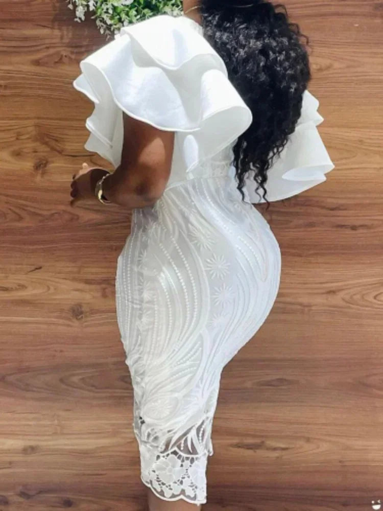 White Lace Dress - Ruffle Sleeve Knee-Length Party Dress - Shello's Creative Boutique