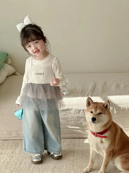 Girls’ Lace Straight-Leg Jeans – Spring 2025 Korean-Inspired Wide-Leg Denim - Shello's Creative Boutique