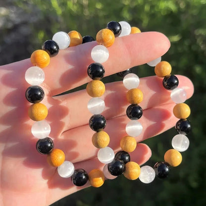 8mm Black Tourmaline, Selenite & Palo Santo Wood Beaded Bracelet