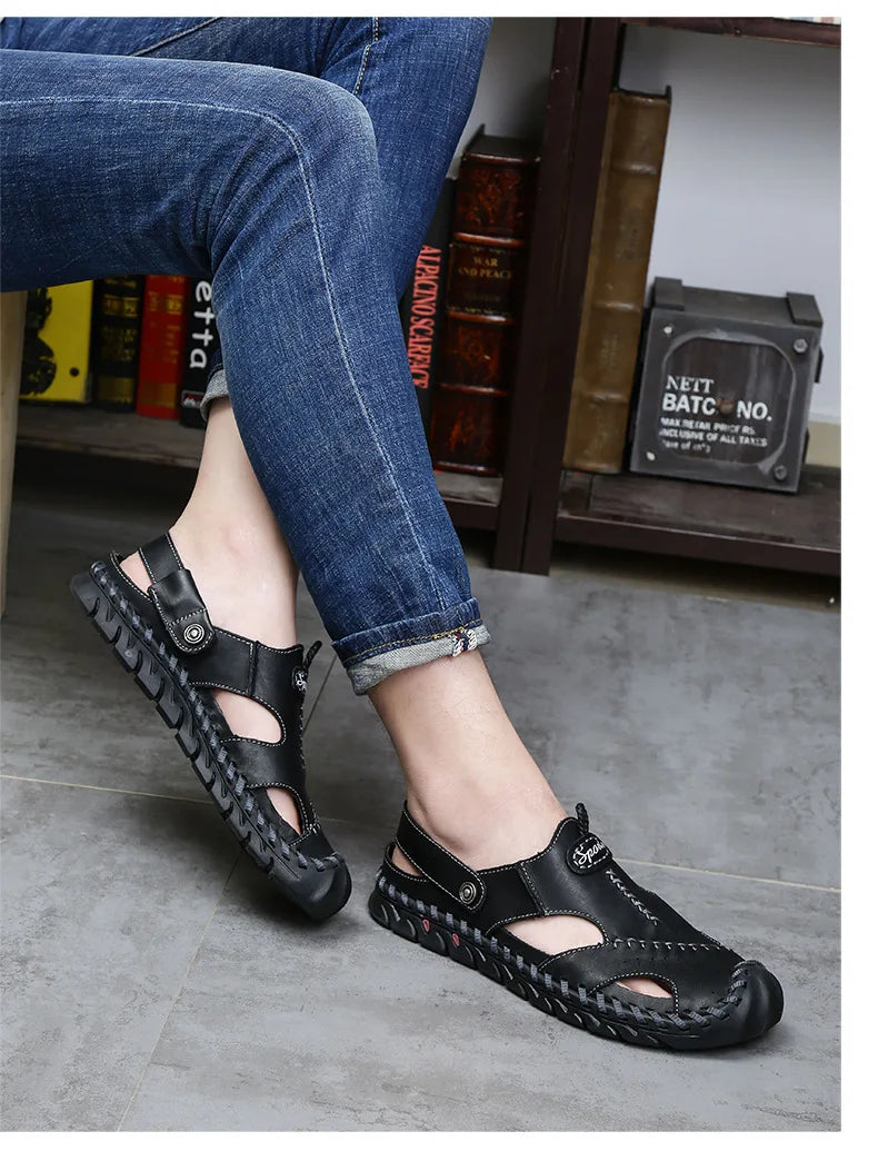 Men's Genuine Leather Sandals - Breathable Beach & Sports Sandals