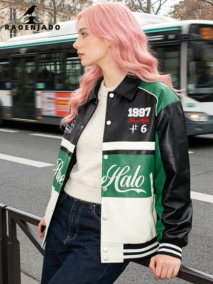Women's Faux Leather Jacket Motorcycle Bomber Windproof Coat Spring&Autumn Warm Plus Size Baseball Coat Color-blocked Embroidery - Shello's Creative Boutique