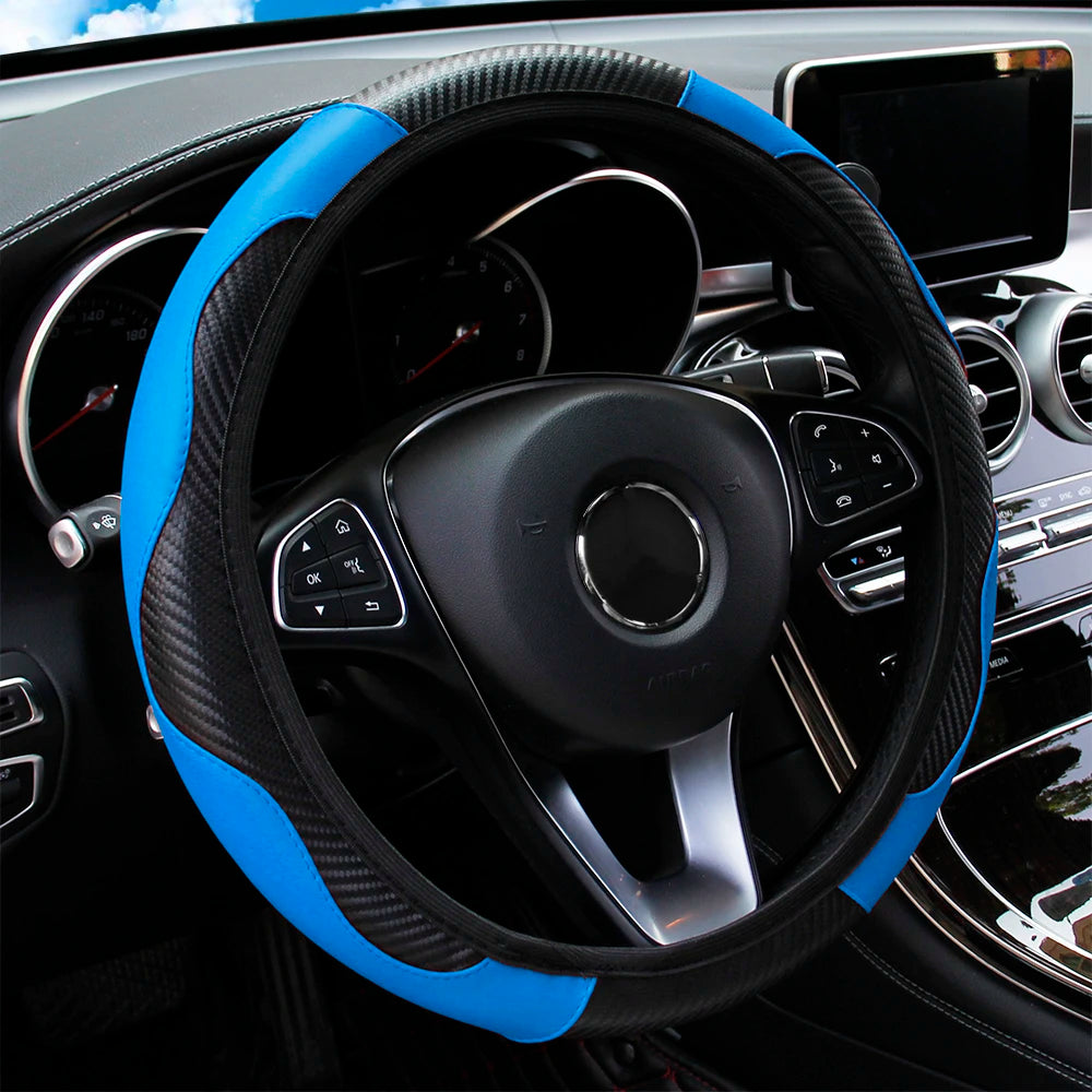 PU Carbon Fiber Leather Car Steering Wheel Cover - 14.5-15 Inches