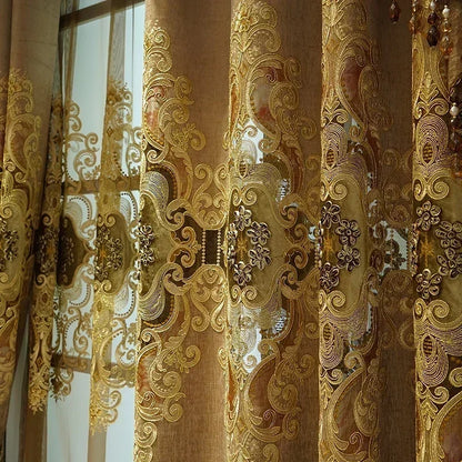 European Luxury Chenille Embroidered Curtains - Coffee Color Villa Valance for Living Room & Bedroom - Shello's Creative Boutique