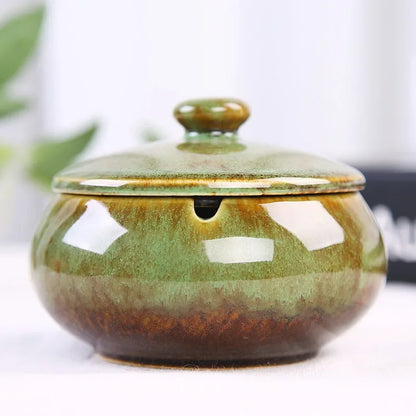 European Ceramic Ashtray with Lid – Kiln Glaze Retro Desktop Ash Tray