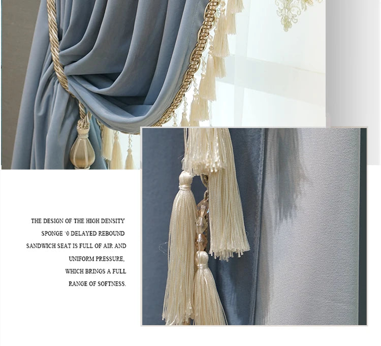 Modern European Luxury Curtains - Blue Velvet Spliced Tassel with Embroidered Tulle