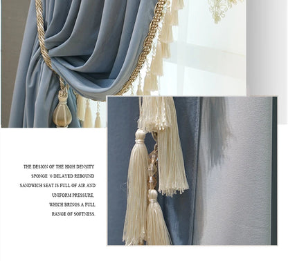 Modern European Luxury Curtains - Blue Velvet Spliced Tassel with Embroidered Tulle