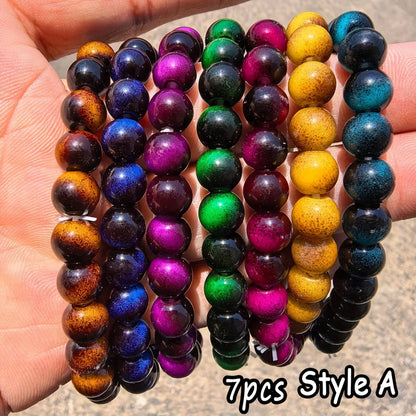 7-Piece Glass Tiger Eye Bead Bracelet Set – Colourful Good Luck Bracelets for Men & Women