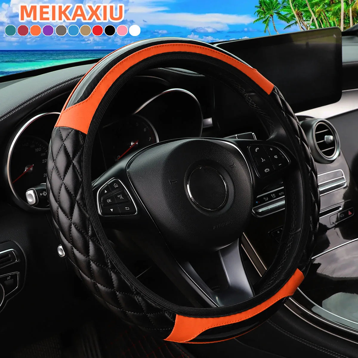 Crystal Carbon Fiber Steering Wheel Cover - Embroidered Leather (14.5-15 inch)