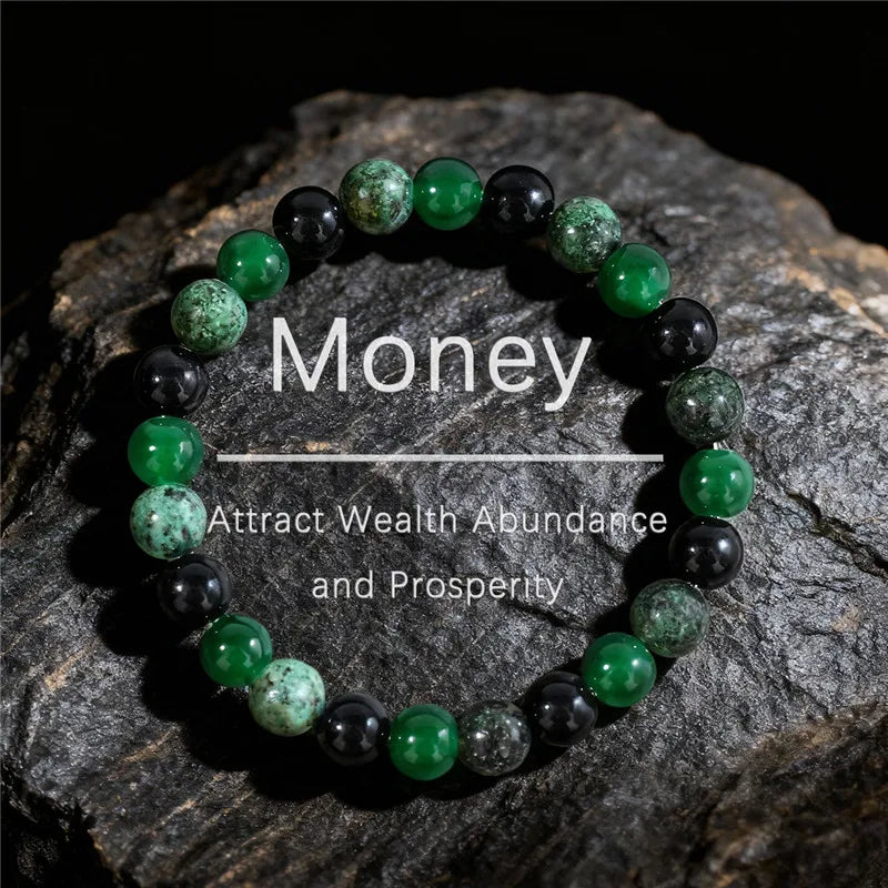 8mm Green & Black Natural Stone Beaded Bracelet – Handmade Elastic