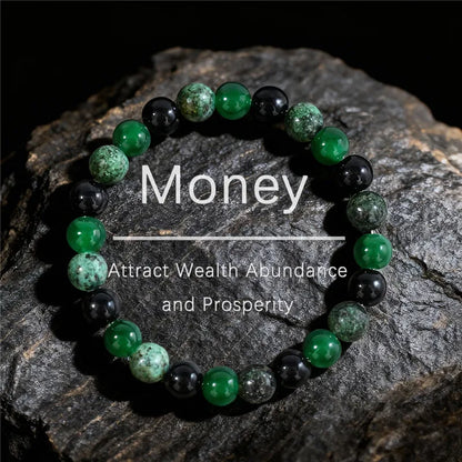 8mm Green & Black Natural Stone Beaded Bracelet – Handmade Elastic