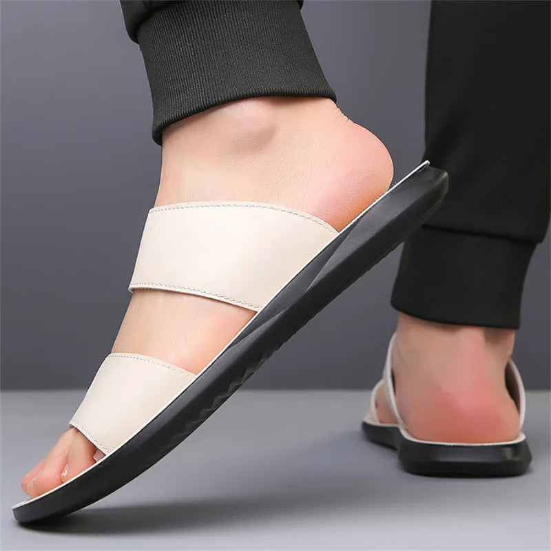 Men's Luxury Leather - Non-Slip Beach Sandals & Flat Casual Slides (Large Size 48) - Shello's Creative Boutique