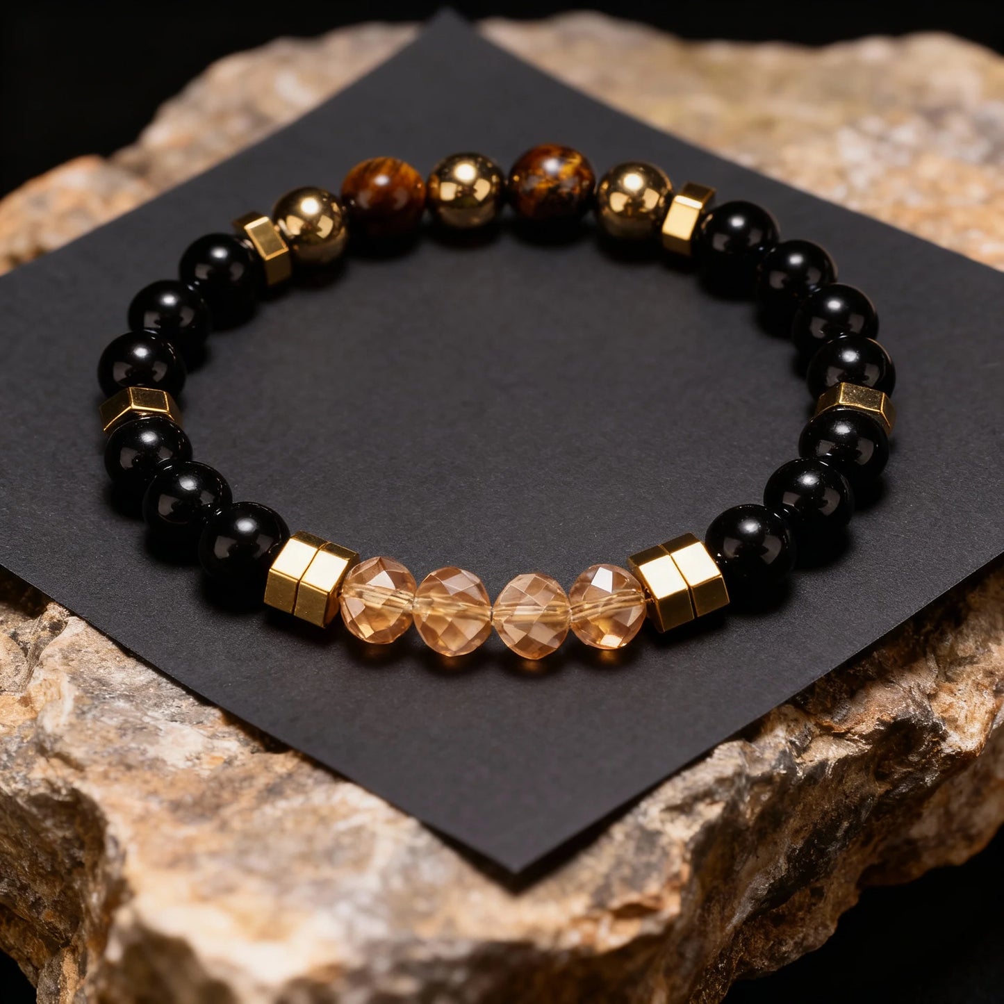 Hematite & Pyrite Natural Stone Beaded Bracelet – Unisex Stretch Bangle