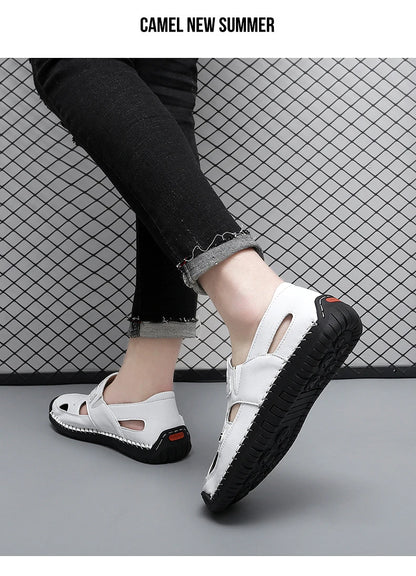 Men's Genuine Leather Beach Sandals - Breathable Hollow-Out Non-Slip Casual Slides