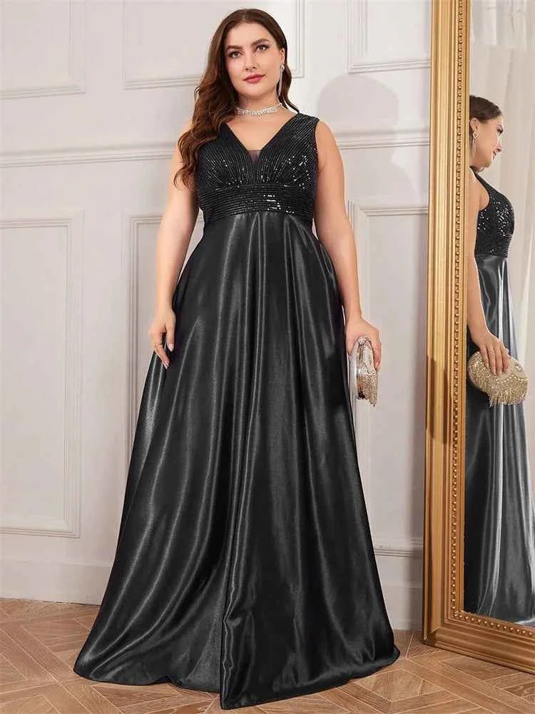 Plus Size Elegant Sequins Evening Dress For Women 2025 Deep V-neck Satin Prom Party Dress Floor Length Formal Bridesmaid Gowns