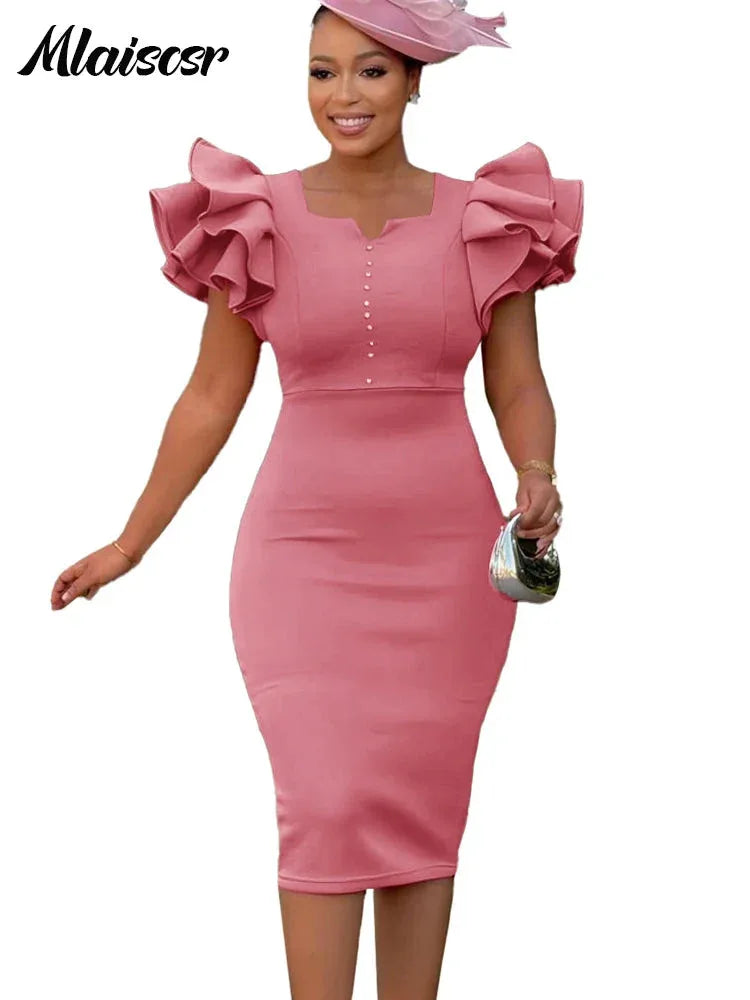 Elegant Square Neck Dress - Ruffled Beaded Mid-Length Evening Dress - Shello's Creative Boutique