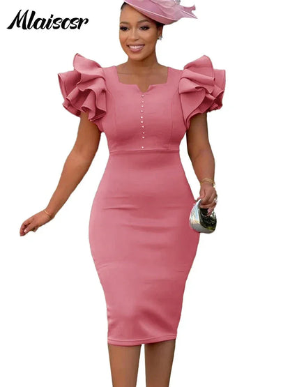 Elegant Square Neck Dress - Ruffled Beaded Mid-Length Evening Dress - Shello's Creative Boutique