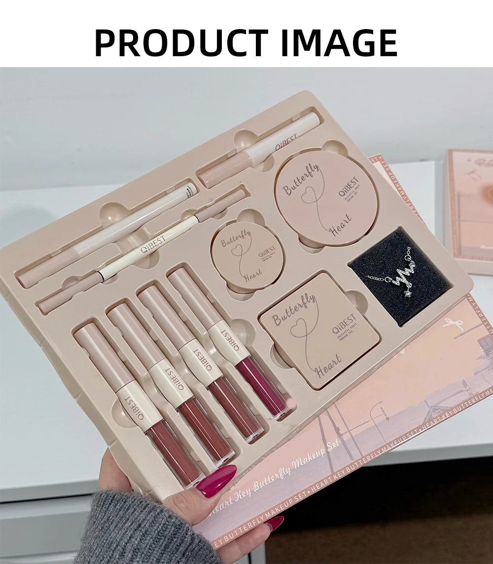 Makeup Gift Box Butterfly Bow Heart Limited Lipstick Powder Blush Eyeshadow Makeup Gift Box Set and Necklace Gifts for Women - Shello's Creative Boutique