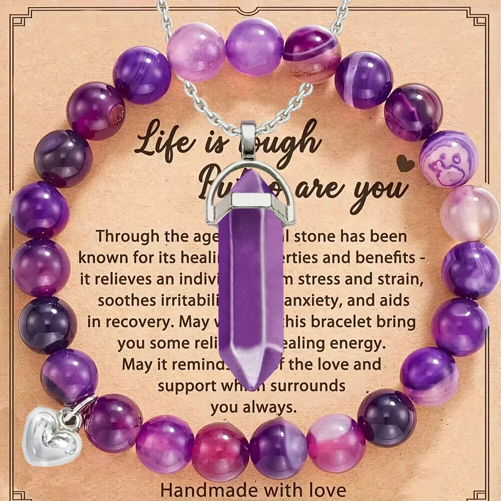 Amethyst & Purple Agate Bracelet and Necklace Gift Set – Stress Relief Jewellery