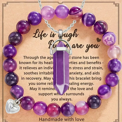 Amethyst & Purple Agate Bracelet and Necklace Gift Set – Stress Relief Jewellery