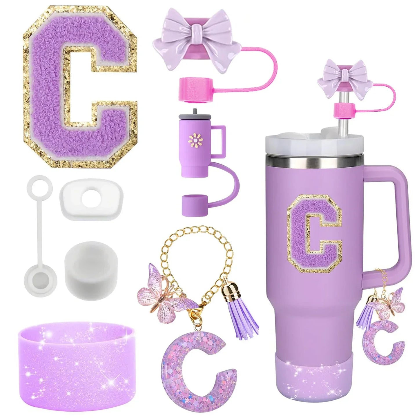 8PCS Accessories Set for Stanley Cup Purple 30oz 40oz tumbler Silicone Straw Topper Cover Cap Boot Handle Charm Initials Sticker - Shello's Creative Boutique