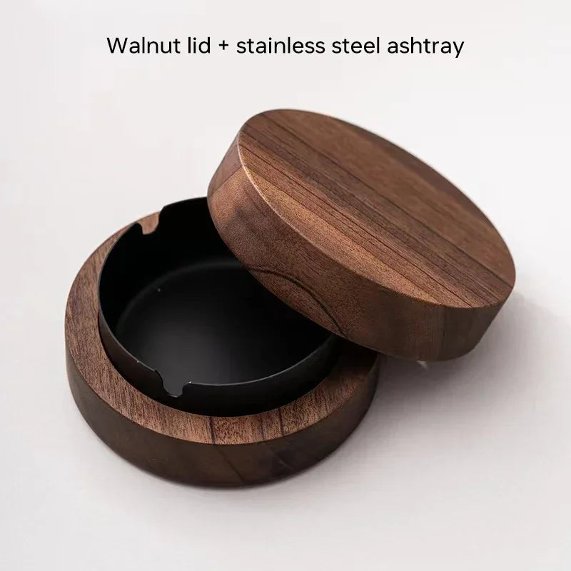 Stainless Steel & Walnut Wood Desktop Ashtray with Lid – Windproof