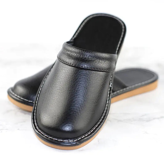 Men's Indoor Slippers - Closed Toe Faux Leather Slides (Large Sizes 47-48)