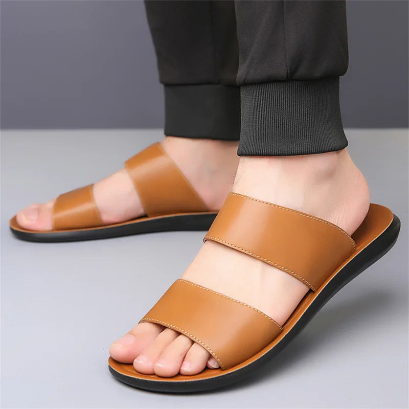 Men's Luxury Leather - Non-Slip Beach Sandals & Flat Casual Slides (Large Size 48) - Shello's Creative Boutique