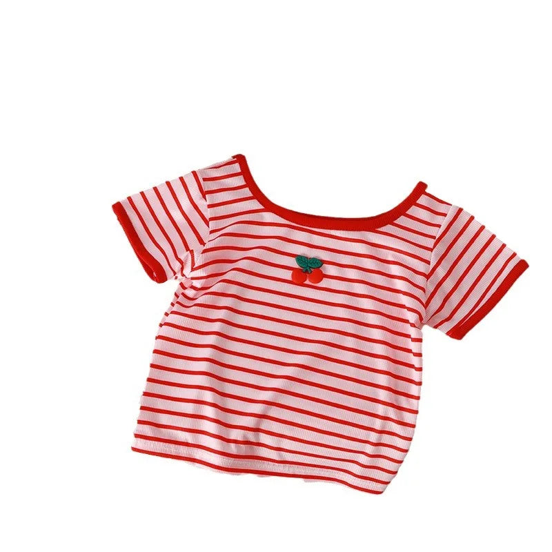 Striped Square Collar Baby Girl Summer Tee – MINISO Short Sleeve Casual Top for Ages 3M–5Y Shello's Creative Boutique